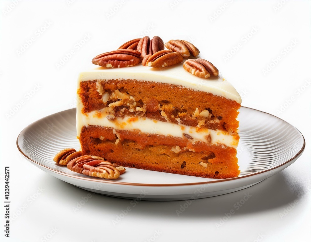 carrot cake slice with cream cheese frosting and pecans on plate isolated on white white background carrot cake slice with cream cheese frosting and pecans on plate isolated on white white background