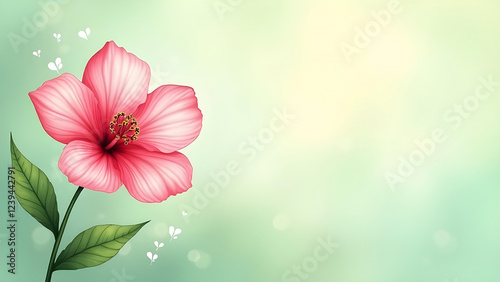 A vibrant pink flower with buds on a green watercolor background, leaving ample copy space for text or design