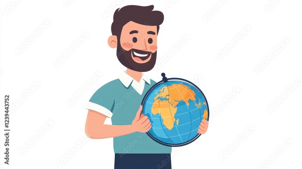 Cheerful Man Holding Globe with Focus on Continents and Oceans Cheerful Man Holding Globe with Focus on Continents and Oceans