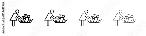 Mother washing baby in bath tub icon Outline sign symbol set