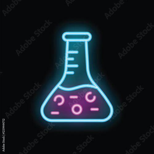 Blue and pink neon glowing symbol of chemistry experiment with erlenmeyer flask on black background