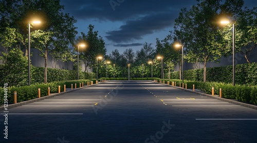 Empty parking lot illuminated at night with trees on the sides for general use