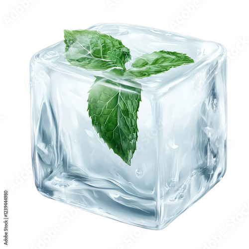 clear ice cube with a fresh mint leaf frozen inside, isolated on a transparent background, clean winter theme