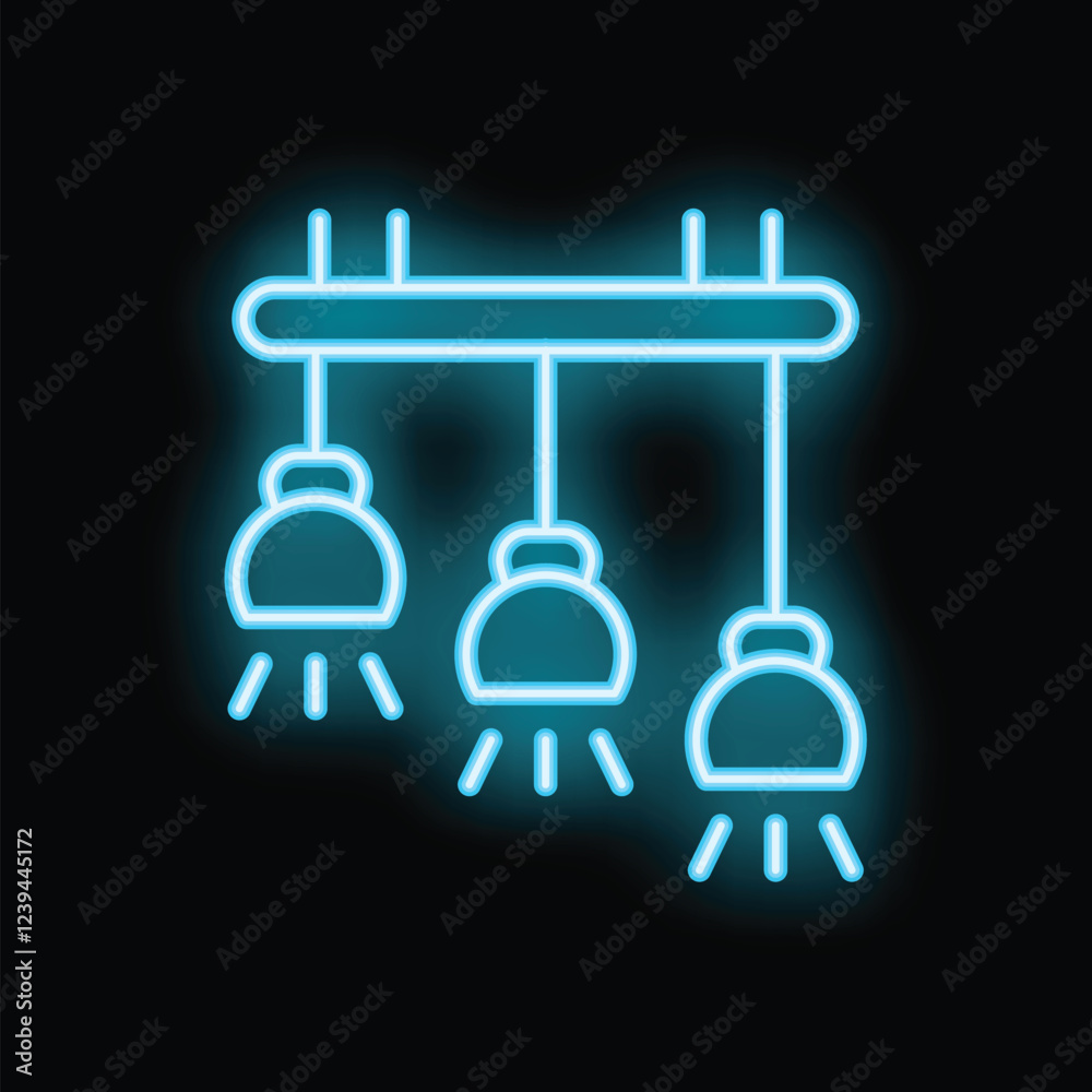 Blue neon icon of three lamps hanging from ceiling illuminating the dark Blue neon icon of three lamps hanging from ceiling illuminating the dark