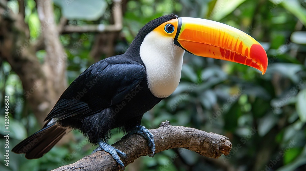A toucan perched on a branch in a Costa Rican rainforest, displaying its colorful beak A toucan perched on a branch in a Costa Rican rainforest, displaying its colorful beak