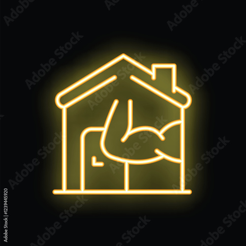 Glowing yellow neon icon of a muscular arm protecting a house, symbolizing home security and safety