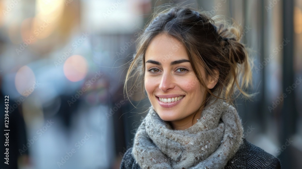 Empowered female in a sleek suit, smiling happily while looking to the side, in an urban outdoor environment