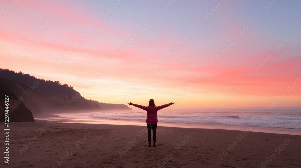 Fototapeta premium A person stands on the beach at sunset, arms outstretched, embracing the colorful sky and peaceful ocean waves.