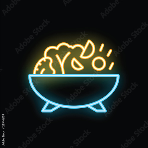 Neon sign illuminating a bowl with salad ingredients falling into it