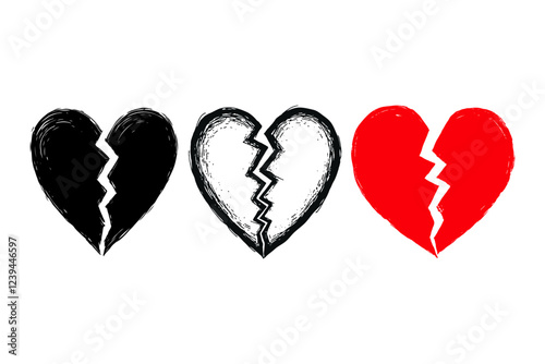 Three sketchy broken hearts in black, white, and red, drawn on a white background. Symbolizing heartbreak and emotional pain