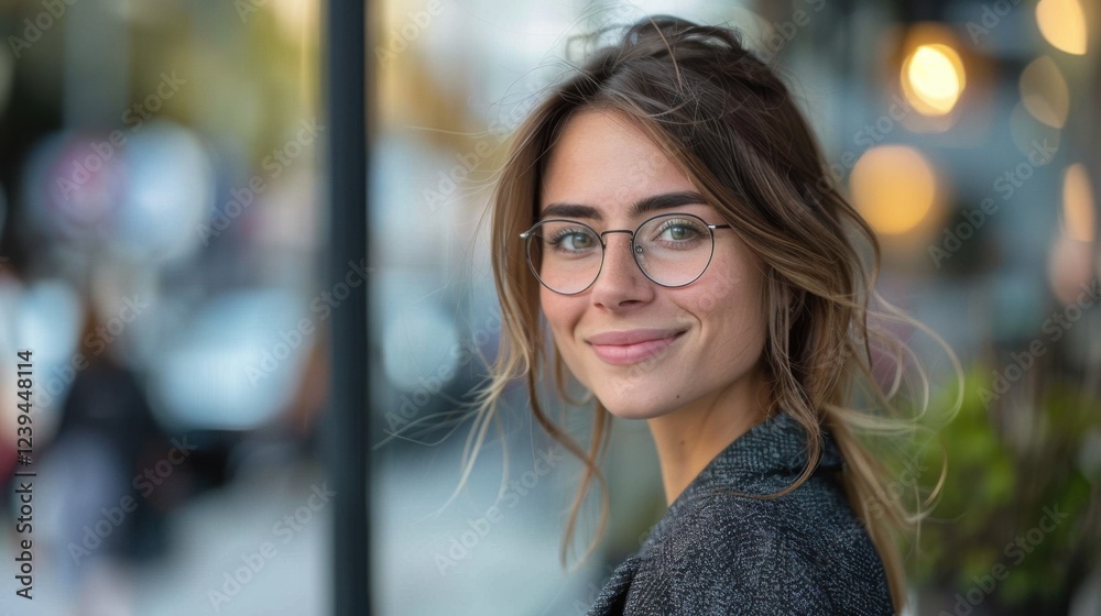 Empowered female in a sleek suit, smiling happily while looking to the side, in an urban outdoor environment Empowered female in a sleek suit, smiling happily while looking to the side, in an urban outdoor environment