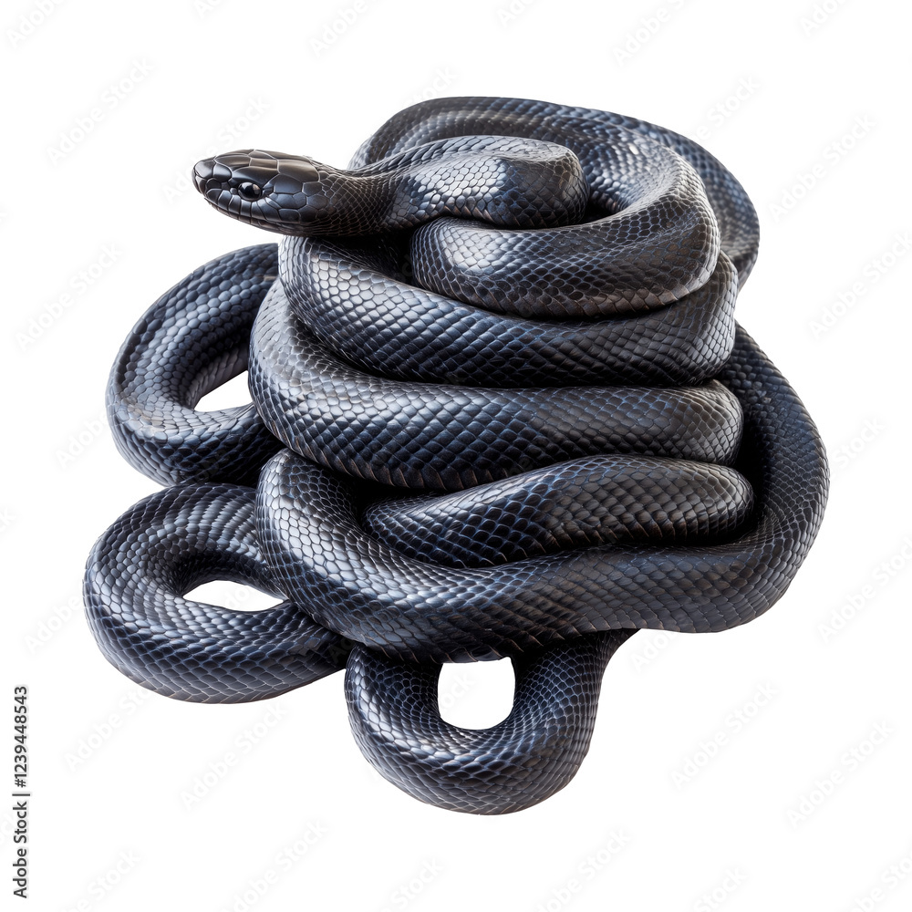 Obraz premium Coiled black snakes tightly intertwined, displaying glossy scales isolated on white transparent background, reptiles or wildlife, symbolizing Chinese Lunar New year