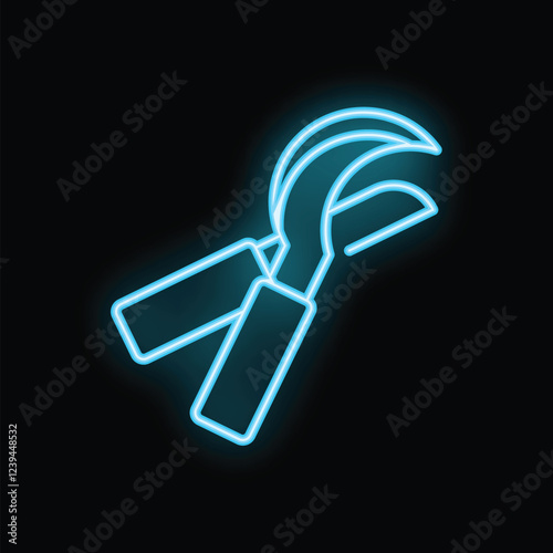 Blue neon sign of a pair of secateurs glowing brightly on a black background