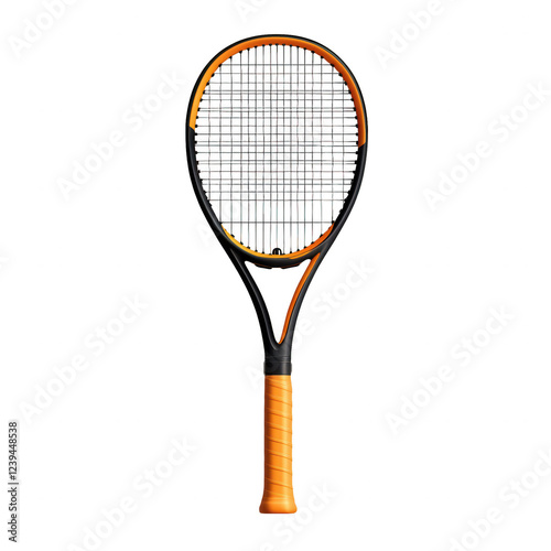 A tennis racket featuring a sleek design with orange accents, highlighting its strings and grip for optimal performance on the court, Transparent background.