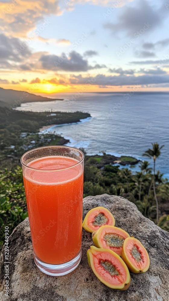 Tropical Guava Juice in Glass with Fresh Cut Guavas on Coastal Rock Overlooking Ocean Sunset View in Paradise Scenic Seascape Perfect for Tropics and Nature Lovers Tropical Guava Juice in Glass with Fresh Cut Guavas on Coastal Rock Overlooking Ocean Sunset View in Paradise Scenic Seascape Perfect for Tropics and Nature Lovers