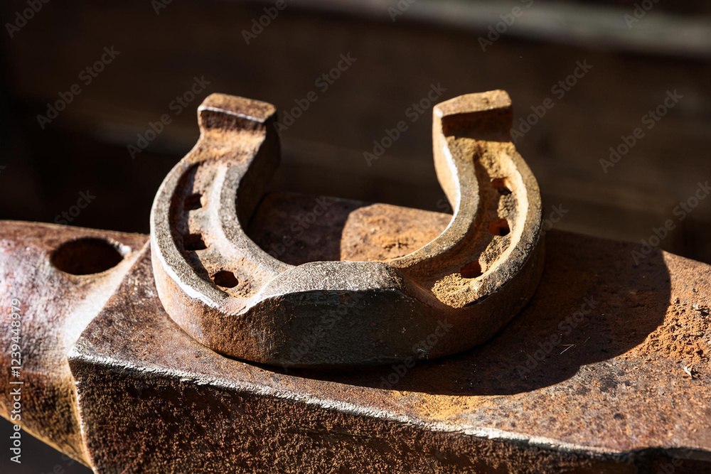 Generated image of a rusty horseshoe resting on an anvil, symbolizing blacksmithing, craftsmanship, tradition, and good luck, with a focus on metalworking and rural heritage Generated image of a rusty horseshoe resting on an anvil, symbolizing blacksmithing, craftsmanship, tradition, and good luck, with a focus on metalworking and rural heritage