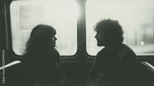 High detail real polaroid photo of a candid black-and-white photograph of a man and a woman sitting across from each othe