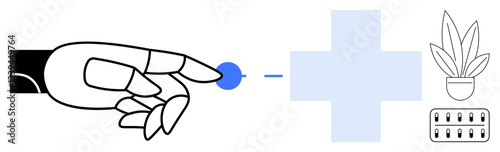 Robotic hand interacts with a hospital cross, emphasizing medical technology. Features a plant and pills. Ideal for healthcare innovation, medical technology, future medicine, tech advancements