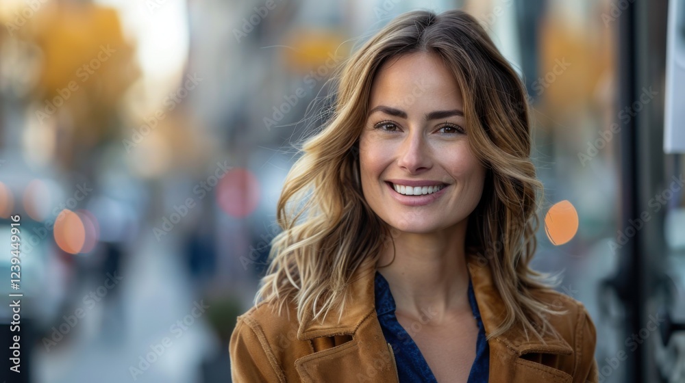 Fototapeta premium Empowered female in a sleek suit, smiling happily while looking to the side, in an urban outdoor environment