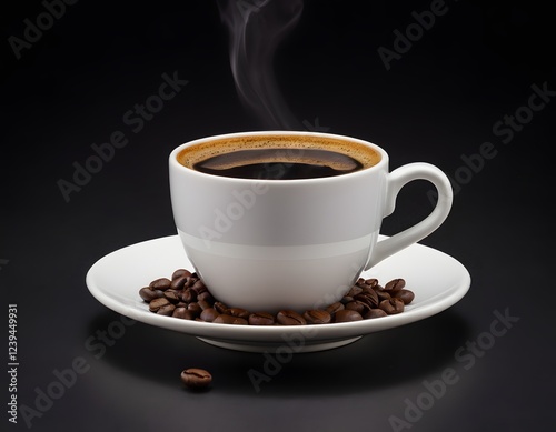 Detail of View from above of a delicious and tasty cup of freshly made coffee with coffeee beans png available
