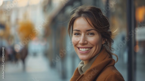 Empowered female in a sleek suit, smiling happily while looking to the side, in an urban outdoor environment Free Download Empowered female in a sleek suit, smiling happily while looking to the side, in an urban outdoor environment - GFXLoad