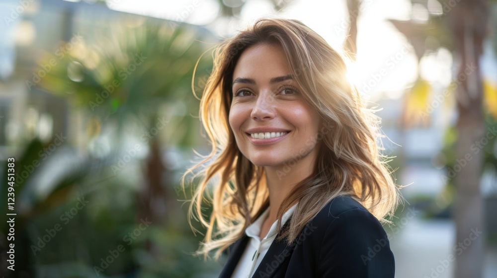 Empowered female in a sleek suit, smiling happily while looking to the side, in an urban outdoor environment Empowered female in a sleek suit, smiling happily while looking to the side, in an urban outdoor environment