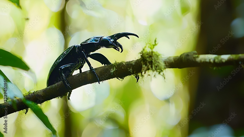 Black beetle rainforest branch close-up nature wildlife Black beetle rainforest branch close-up nature wildlife