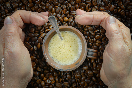 An elderly man holds a cup of espresso coffee in his hands. He adds sugar to taste and stirs it. Close-up of his hands.
