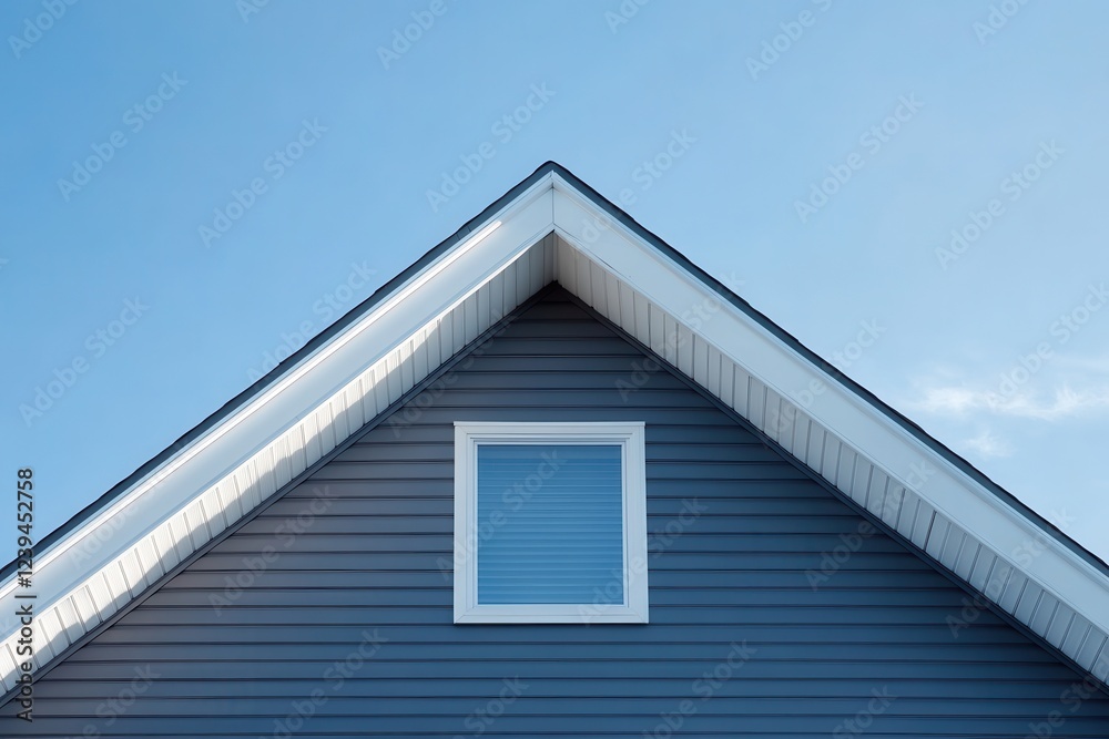 Modern private home with a dual gable roof white trim over windows gray vinyl siding set against a blue sky Modern private home with a dual gable roof white trim over windows gray vinyl siding set against a blue sky
