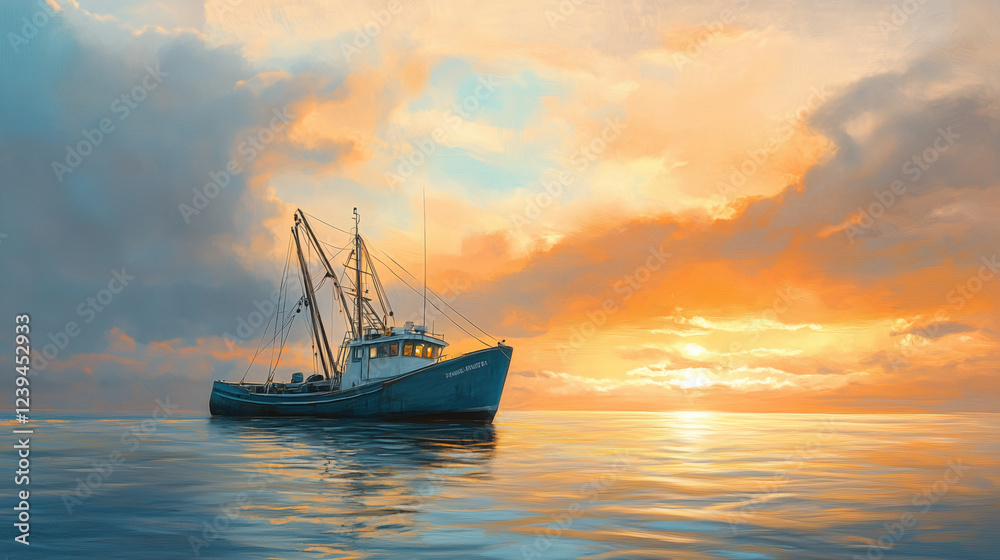 Fishing Trawler at Sea During Golden Hour, with a Calm Ocean and Soft Hues in the Sky Creating a Peaceful and Serene Maritime Setting Fishing Trawler at Sea During Golden Hour, with a Calm Ocean and Soft Hues in the Sky Creating a Peaceful and Serene Maritime Setting