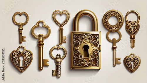 Elegant Valentine’s Day Key and Lock Vector Set