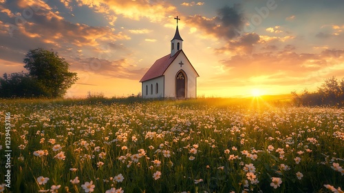 Scenic sunset view of a small church in a field of wildflowers.