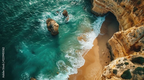 Aerial View of Turquoise Ocean Waves Crashing on Golden Sandy Beach, Algarve Coastline, Portugal