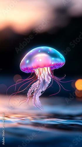 Glowing Purple Pink Jellyfish in Dark Ocean Water at Sunset photo