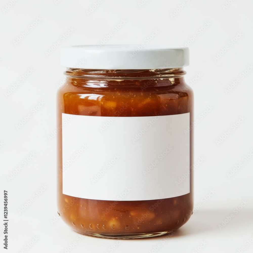 A jar of apple jam with a blank white label, isolated against a clean white background A jar of apple jam with a blank white label, isolated against a clean white background