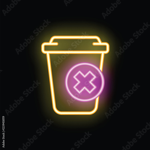 Glowing neon sign showing a disposable coffee cup with a cross mark on a black background