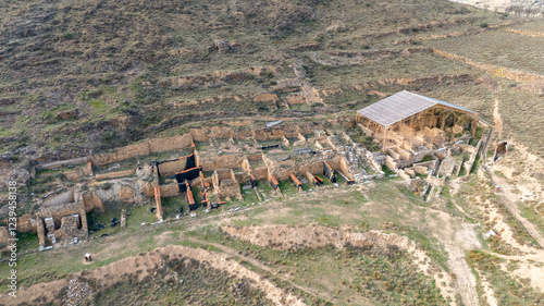 Aerial View of Ancient Ruins of Augusta Bilbilis in northern Spain with Restored Structures photo