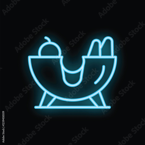 Bright blue neon sign representing a baby cradle with hanging toys and wheels, on a black background