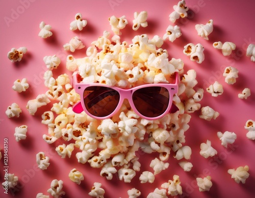 he image showcases a pink background surrounded by scattered popcorn with a pair of pink sunglasses placed in the top right corner creating a fun and summery viber photo