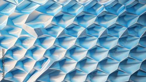 Vibrant futuristic geometric background for a presentation, showcasing a textured, intricate 3D wall with a mesmerizing lattice pattern, predominantly featuring calming light blue hues gradating photo