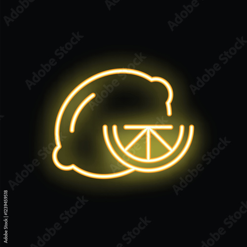 Bright yellow neon sign showing a lemon and a lemon slice, isolated vector illustration