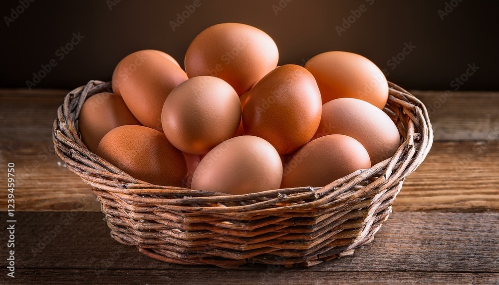 organic farm fresh eggs in rustic wicker basket on wooden table organic farm fresh eggs in rustic wicker basket on wooden table