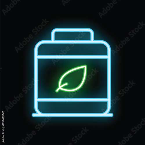 Neon sign depicting a supplement container with a green leaf, symbolizing natural ingredients and healthy living