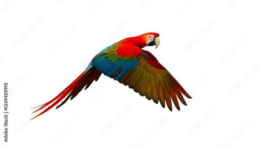 Obraz premium Scarlet macaw in flight with bright red, blue and yellow feathers on white background for exotic wildlife and nature photography