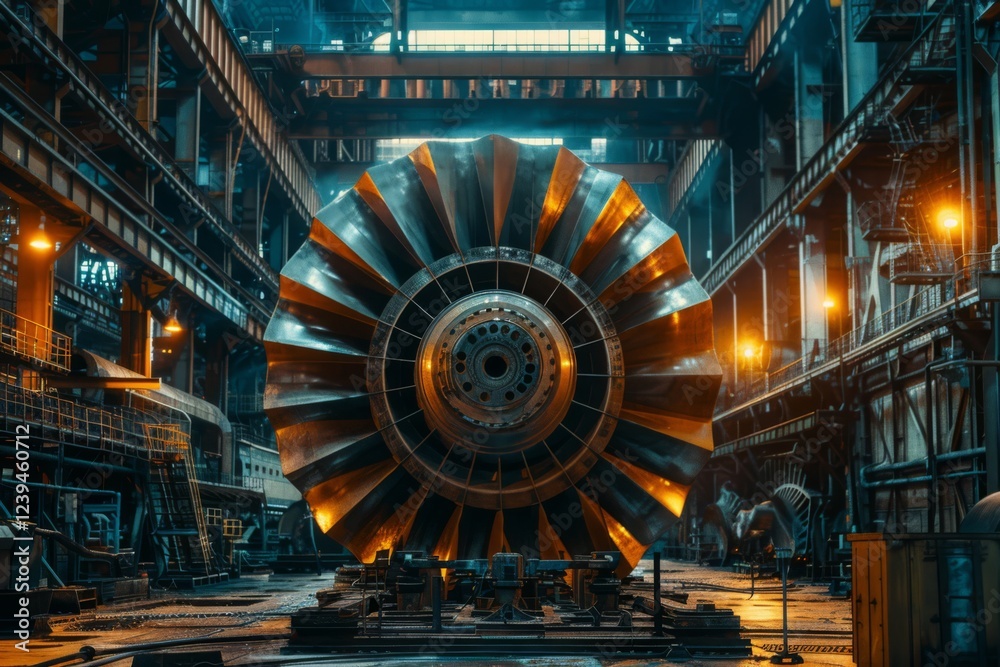 Obraz premium A large metallic turbine rotor inside a heavy industrial manufacturing plant. Warm ambient lighting highlights the intricate engineering and industrial atmosphere