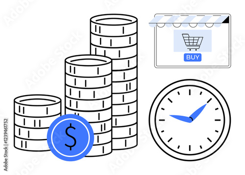 Stacks of coins beside a clock, online shopping cart with Buy button. Ideal for e-commerce, time efficiency, financial management, savings, investment strategies, online retail, business growth