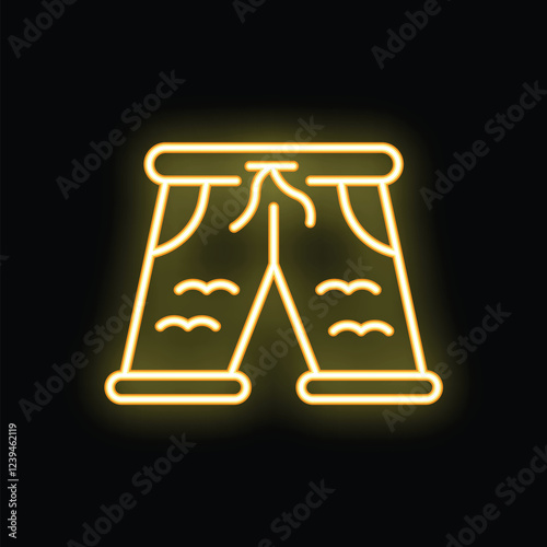 Yellow glowing neon sign representing casual men's shorts with drawstring, isolated vector illustration on black background
