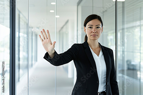 professional female executive with assertive stance demonstrating stop signal, modern glass office interior