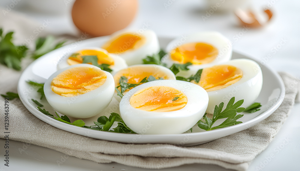 Boiled eggs on plate . Selective focus Boiled eggs on plate . Selective focus