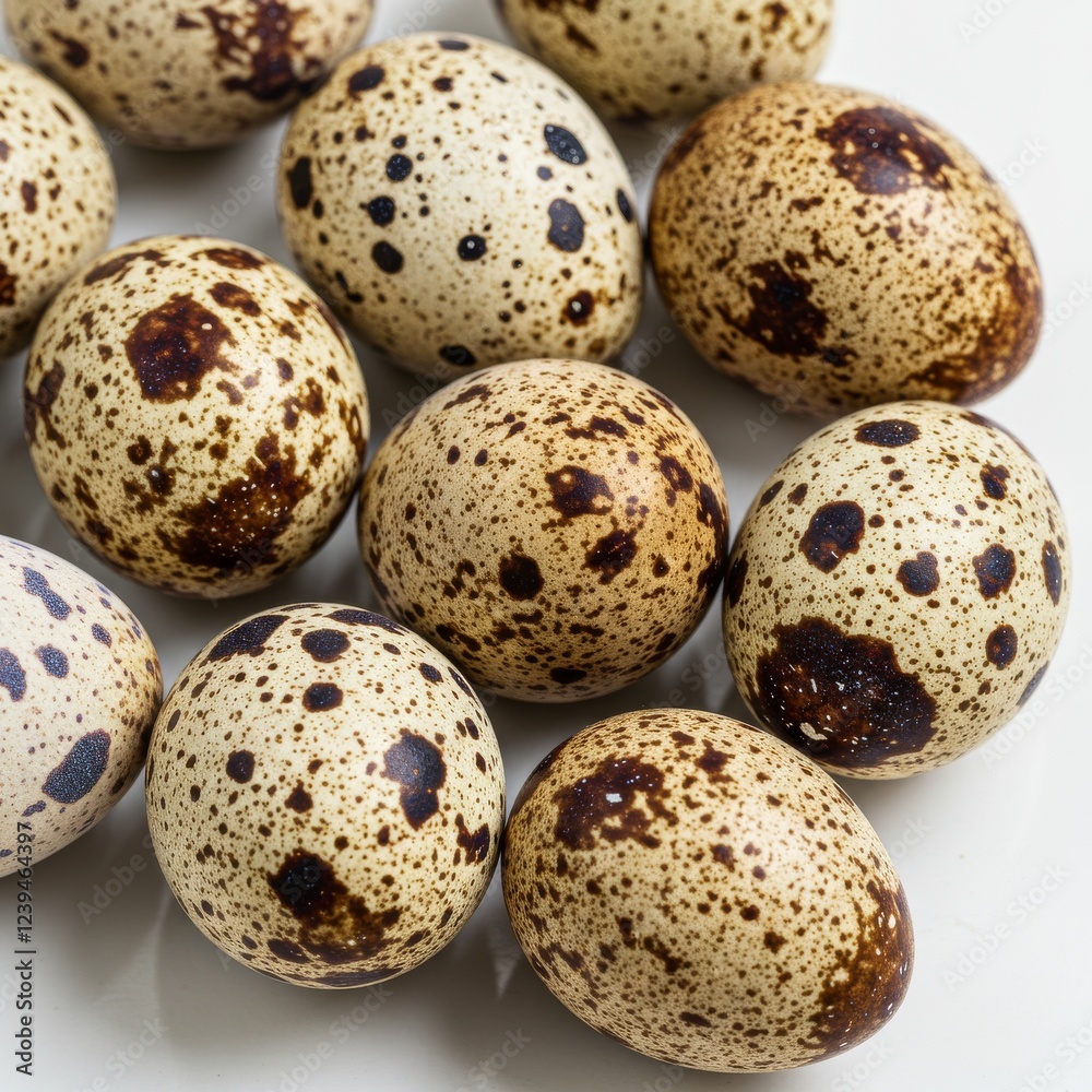 Top view of quail eggs isolated on a white background, showcasing their speckled shells and unique shapes Top view of quail eggs isolated on a white background, showcasing their speckled shells and unique shapes